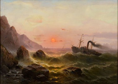 Картина "Пароход у скалистого побережья"
